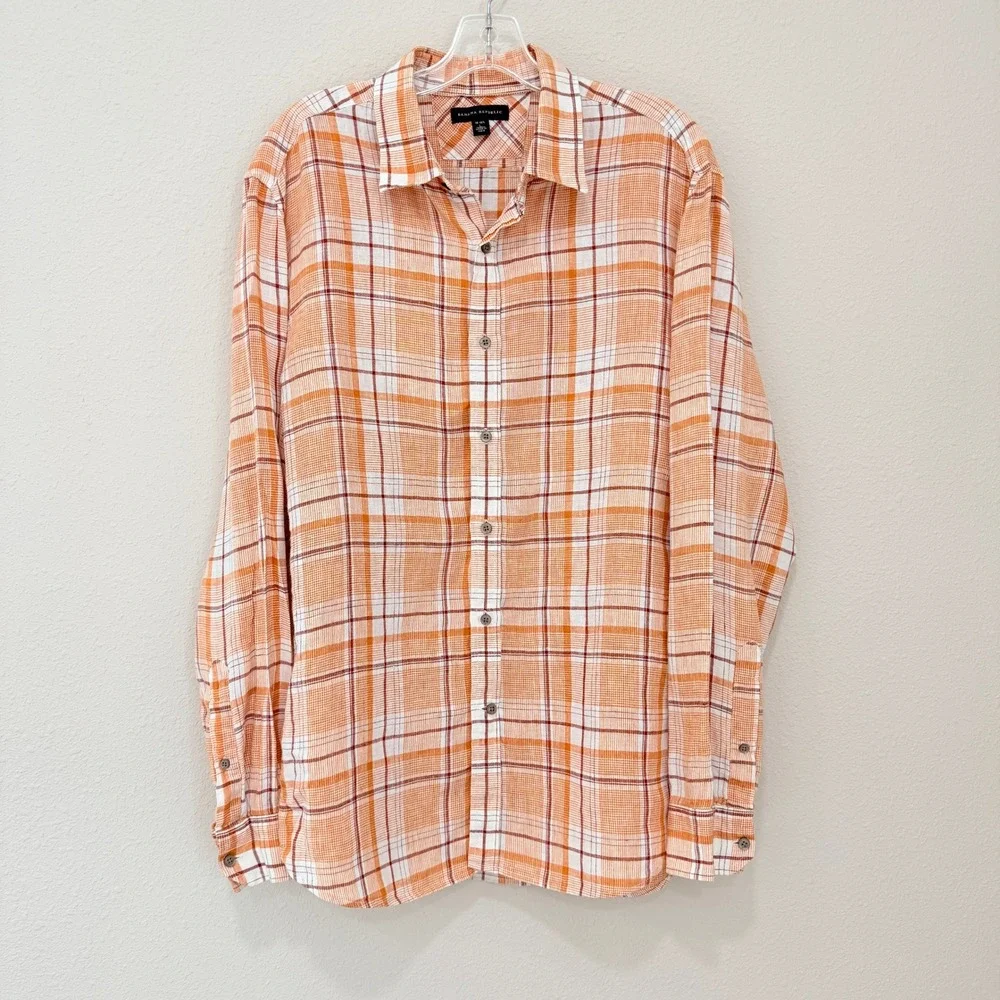 Banana Republic Linen Shirt Large Orange Plaid Coastal Beachy Minimalist Rustic